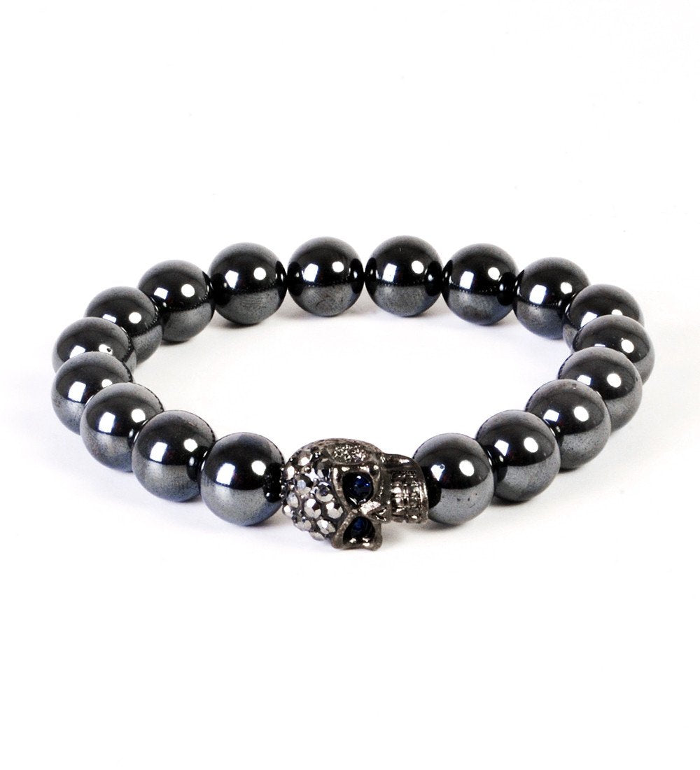 Gunmetal Skull & Hematite Bead Bracelet - eklexic